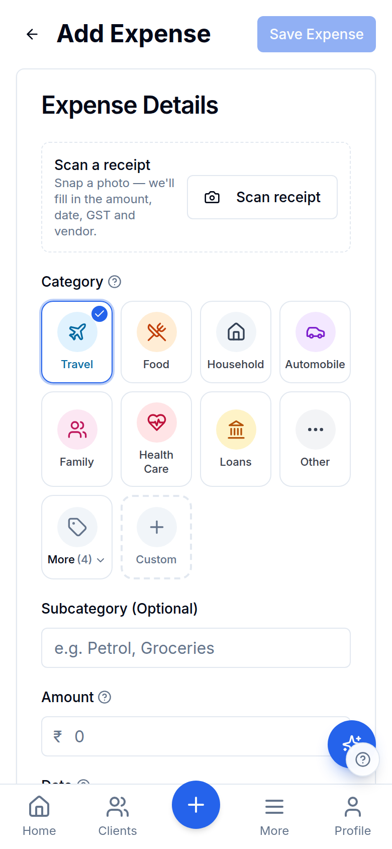 Scan-to-add expense screen with receipt scanning